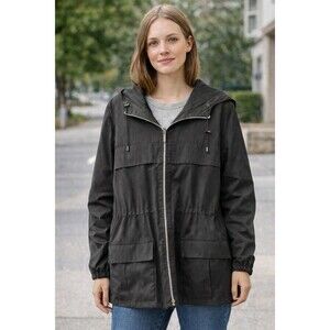 Pendleton Jacket Women Full Zip Hooded Plaid Lining Pockets Adj/Waist Black XL